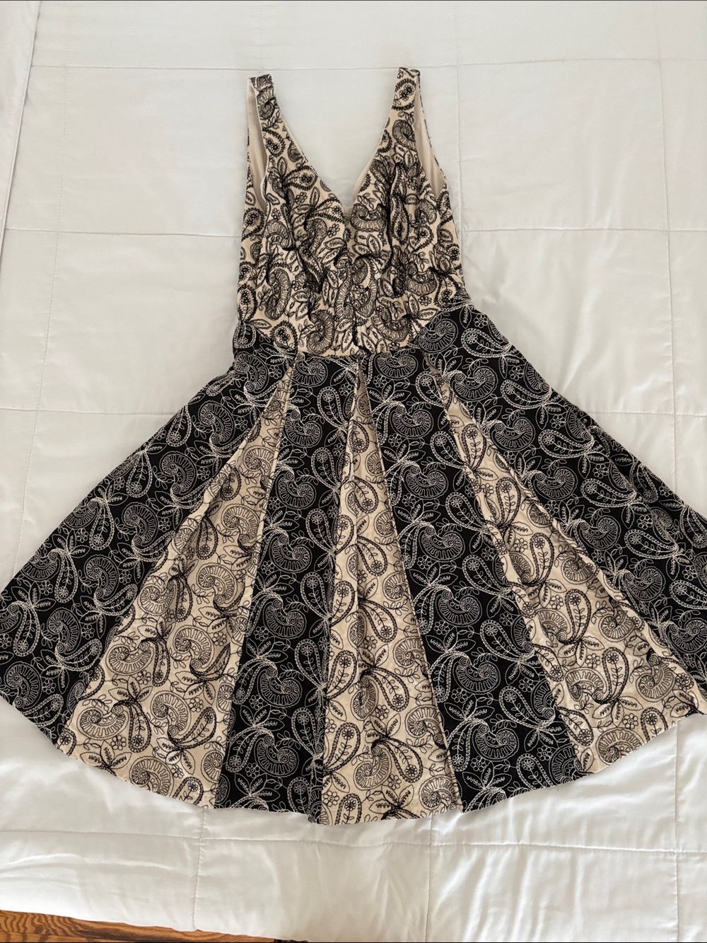 Eva Franco Black and Cream Paisley Fit-and-Flare Mini Dress